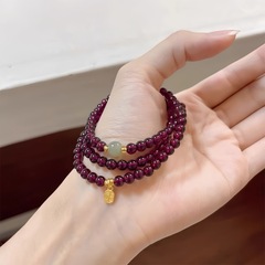 新中式石榴石三圈串珠手链女小众设计石榴红手串手饰酒红色串珠女