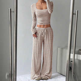 亚马逊2026秋季新款独立站U领短款上衣+条纹高腰显瘦裤腿裤套装女