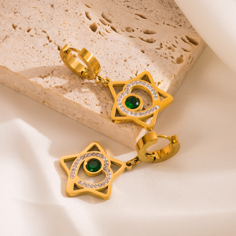 Fashion Pentagram Heart Shape Titanium Steel Plating Rhinestones Drop Earrings 1 Pair