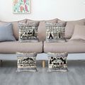 4个1套装木纹字母卡通图案方形亚麻抱枕套单面印花沙发靠垫客厅汽