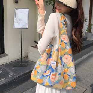 & ⇞ Summer New Ins Style Oil Painting Flower Canvas Bag Fairy Casual Versatile Shoulder Bag Tote Bag Women's Handbag