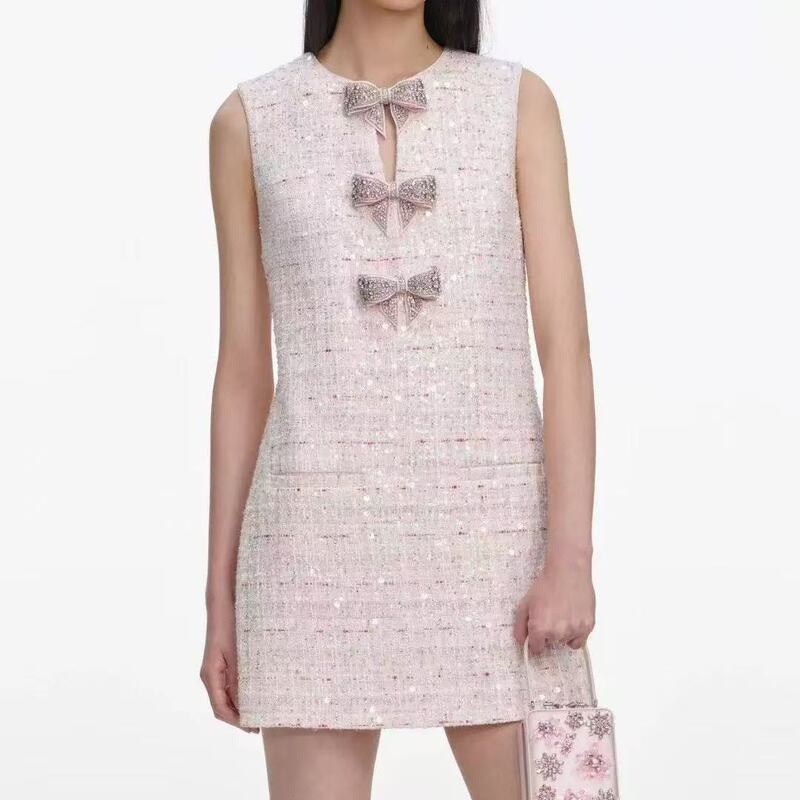 2026 New Style Chanel-Inspired Bowknot Sequin Tweed Dress for Women, Sleeveless Vest Dress with a High-End Elegant Feel, Short Dress