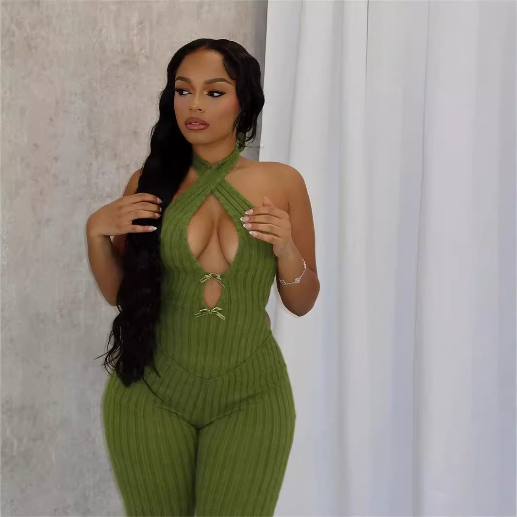 2025 Autumn European and American New Style Halter Neck Slim Tie Backless Sexy Hot Girl Jumpsuit Flared Pants Bodysuit for Women