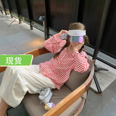 向 日常舒适区’垂感轻薄撞色上衣女夏薄款条纹大版防晒长袖tee