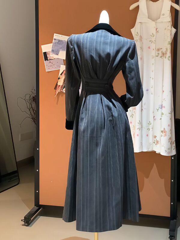 韩系超绝收腰立体条纹拼接外套风衣女秋季新款高级感气质长款大衣|undefined