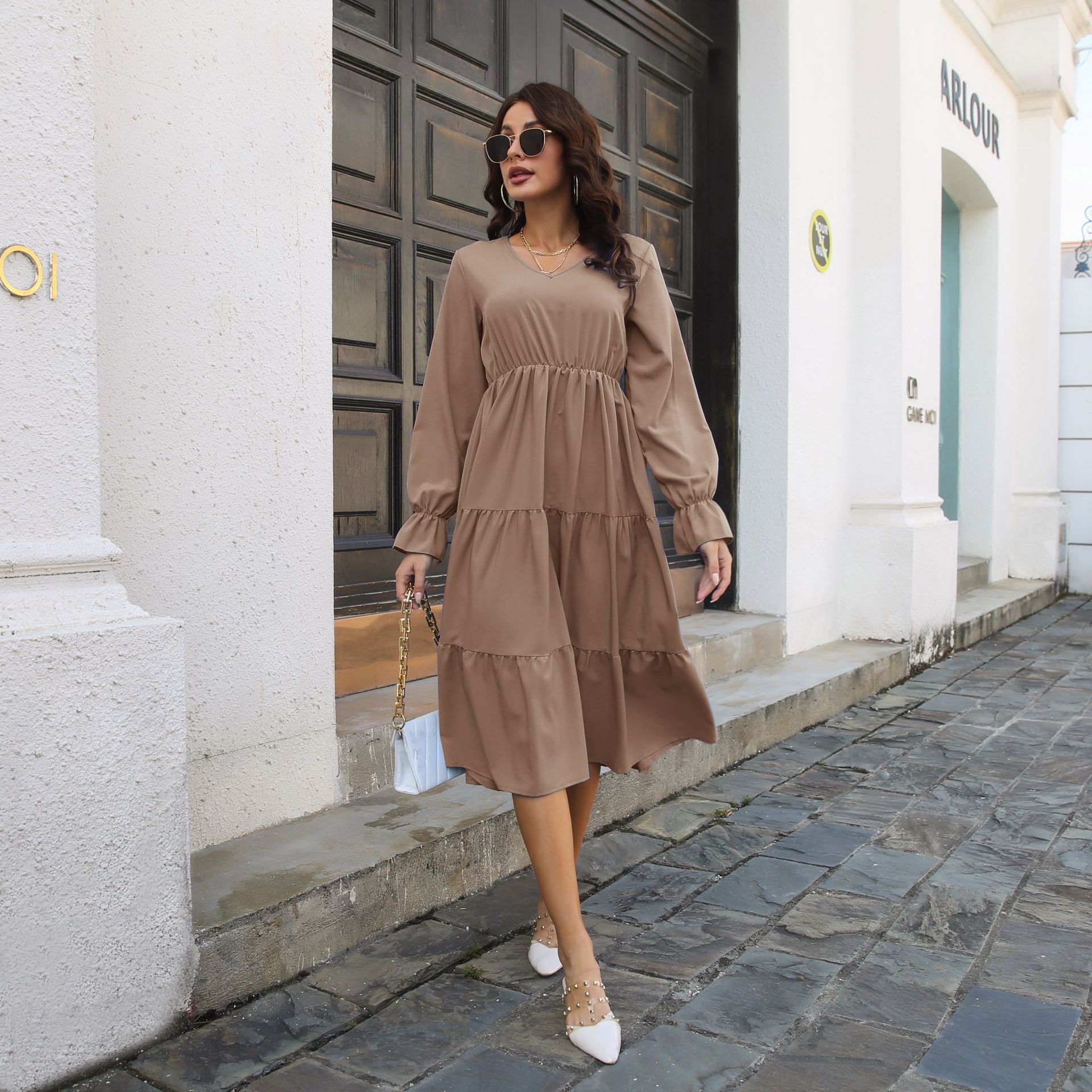 V neck Dress Flared Sleeves Long Sleeves Large Swing Dress Women Chiffon Summer Women Clothing