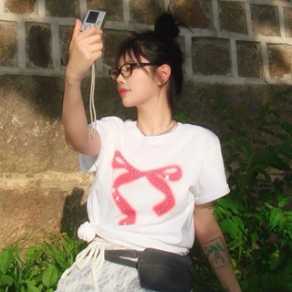 特价现货张元英同款新款韩国小众LARTIGE*T钉珠蝴蝶结短袖棉T恤25
