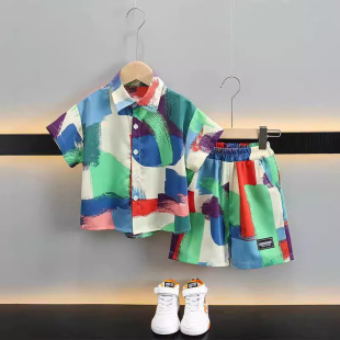 Boys summer suit 2024 new foreign style baby summer net red shirt short sleeve clothes children cool children's clothing