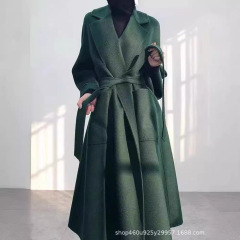 ウォーターリップル両面カシミヤコート女性のロングヘップバーンスタイルレースアップウールコート気質ラペル