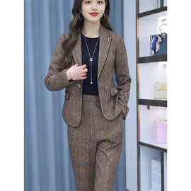 时尚外套两件套秋冬新款气质职业西装套装遮肉显瘦阔腿长裤套装女