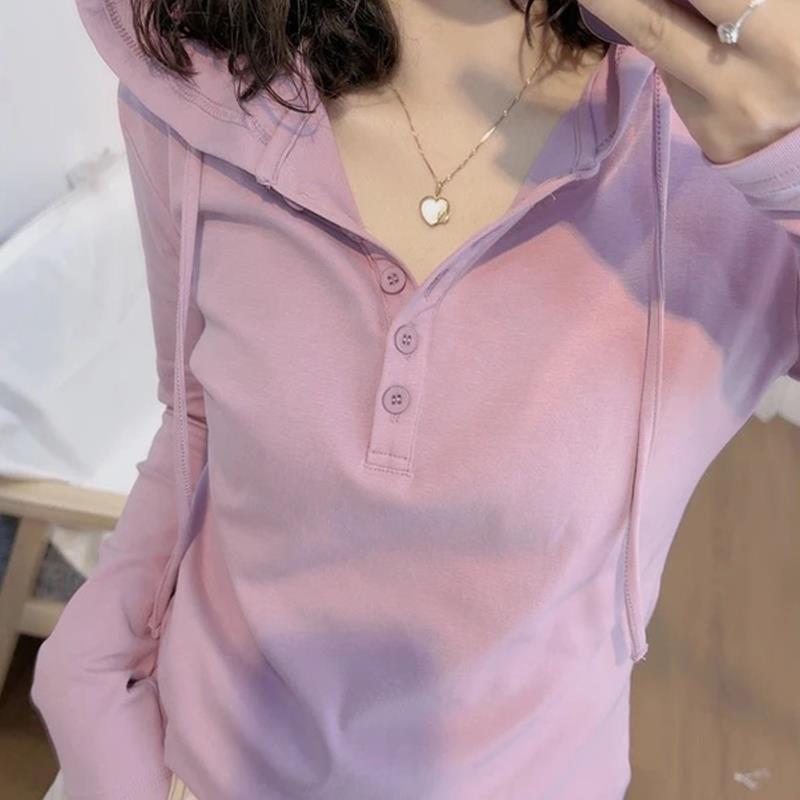 European-Style Hooded Button Solid Color Long-Sleeve T-Shirt for Women 2025 Summer New Slim-Fit Versatile Trendy Top European-Style Hooded Button Solid Color Long-Sleeve T-Shirt for Women 2025 Summer New Slim-Fit Versatile Trendy Top