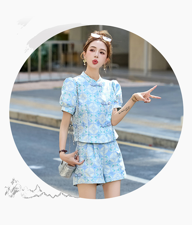 Bộ quần áo nữ mùa hè 2025 áo khoác jacquard quần short hai mảnh phong cách tân cổ điển — Màu xanh lục nhạt, Màu xanh lam, Màu đỏ chi tiết 29