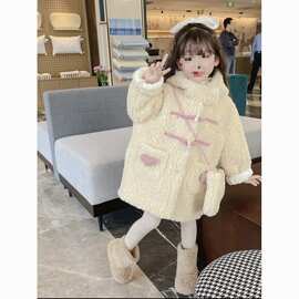 女童冬季外套2025儿童洋气双面羊羔绒大衣女宝时髦中长款爱心毛衣
