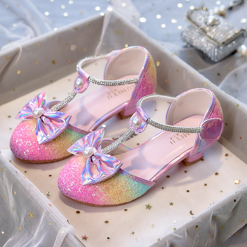 New Rainbow Party Girls' High-Heeled Princess Shoes, Student Performance Runway Shoes, Sequined Children's Trendy Leather Shoes