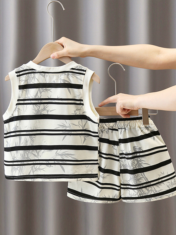 Conjunto Infantil a Rayas 7373, Nuevo Estilo 2026, Chaleco sin Mangas con Diseño de Panda para Niños, Conjunto de Dos Piezas Moderno para Bebés en Verano
