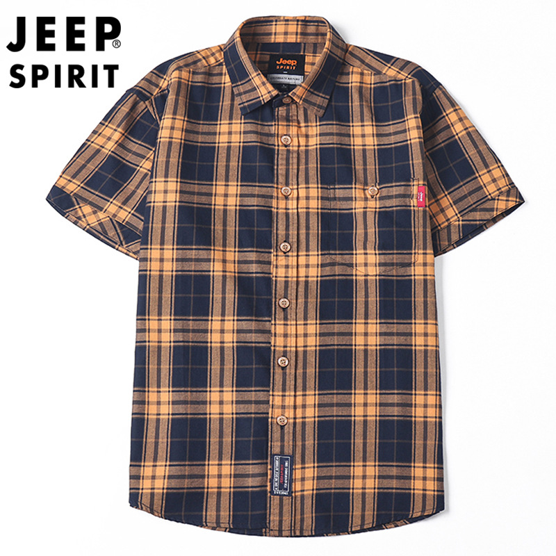 JEEP吉普2023夏季新款衬衫男短袖薄款衬衣英伦风时尚格子大码2042