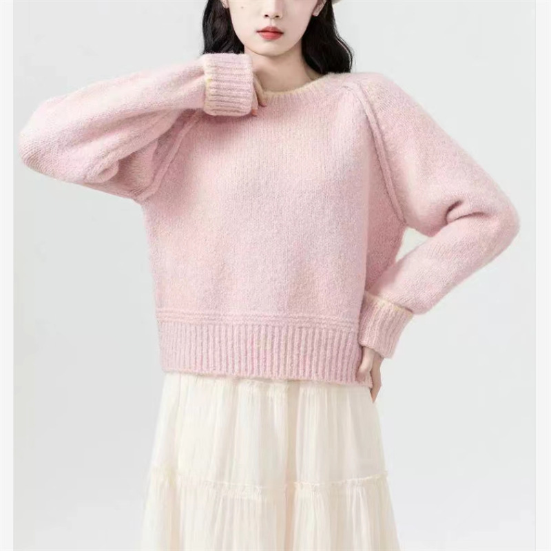 短款灰色毛衣女秋冬2025新款慵懒风加厚圆领内搭针织衫小个子上衣|undefined