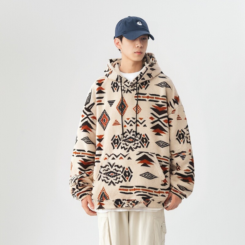 Youth Plush Hooded Ethnic Style Sweatshirt Retro Pattern Loose Design Top Men's Versatile Casual Pullover Youth Plush Hooded Ethnic Style Sweatshirt Retro Pattern Loose Design Top Men's Versatile Casual Pullover