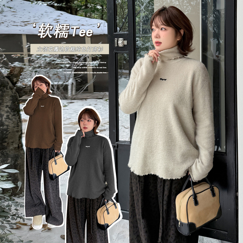 7999 Xuanchen Plus Size Women's Winter Clothing for Chubby Girls, Stand Collar Base Shirt, Korean Style Solid Color Soft and Stylish T-Shirt Top