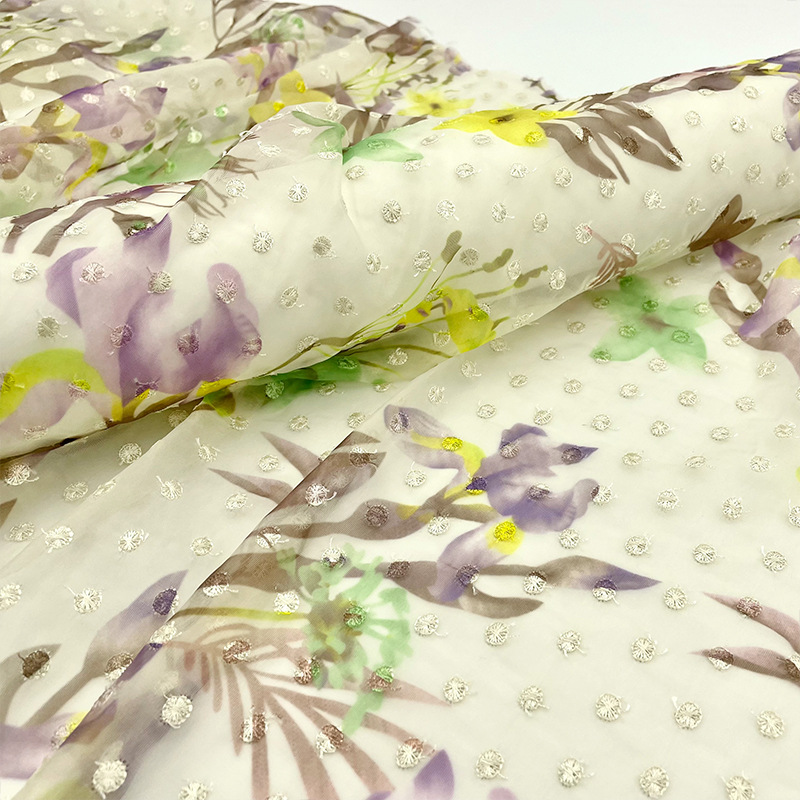 紫色系半透飘逸花朵印花刺绣点点雪纺面料 汉服旗袍布料