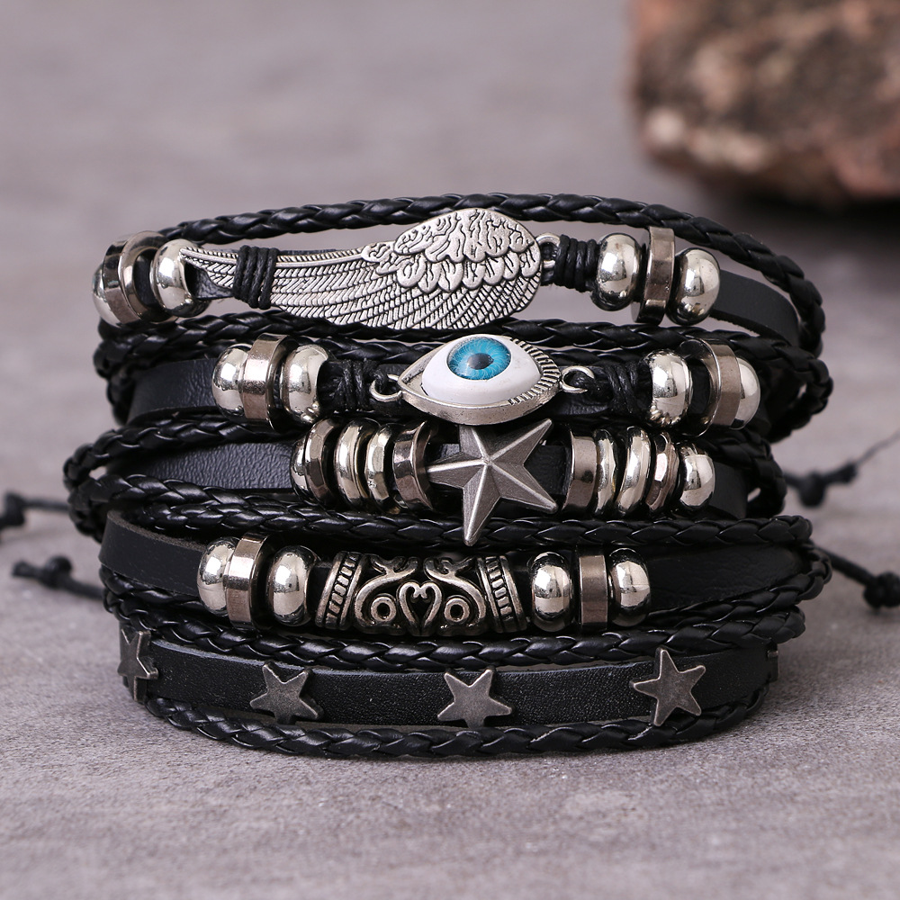 Evil Eye Black PU Leather Layer Men Adjustable Bracelets