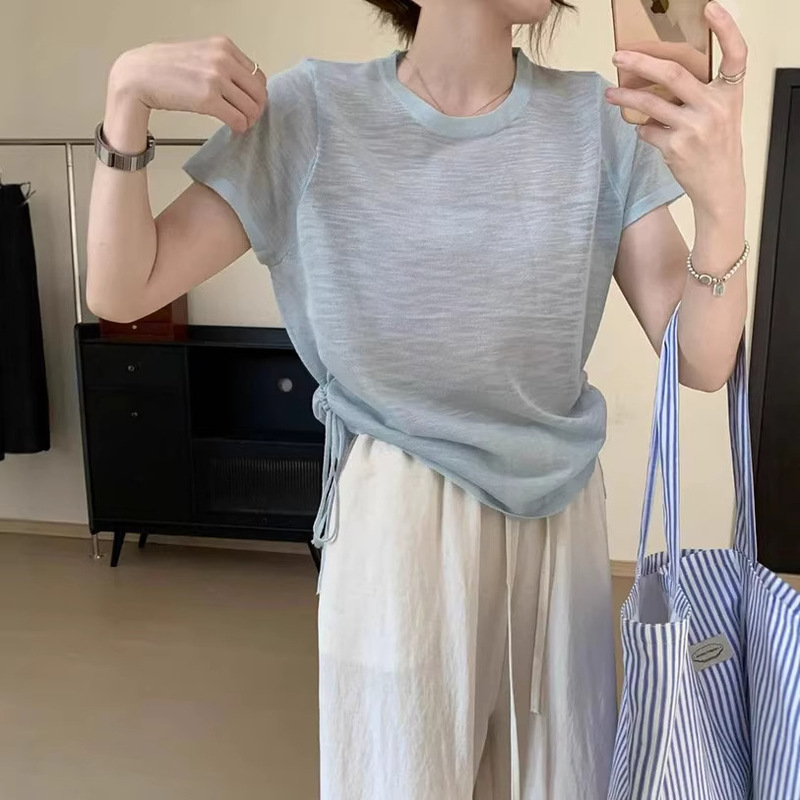 Korean Style Simple Versatile Thin T-Shirt with Drawstring, Round Neck, Short Sleeves, Women's Top, Summer Design, Youthful and Beautiful Knitwear Korean Style Simple Versatile Thin T-Shirt with Drawstring, Round Neck, Short Sleeves, Women's Top, Summer Design, Youthful and Beautiful Knitwear