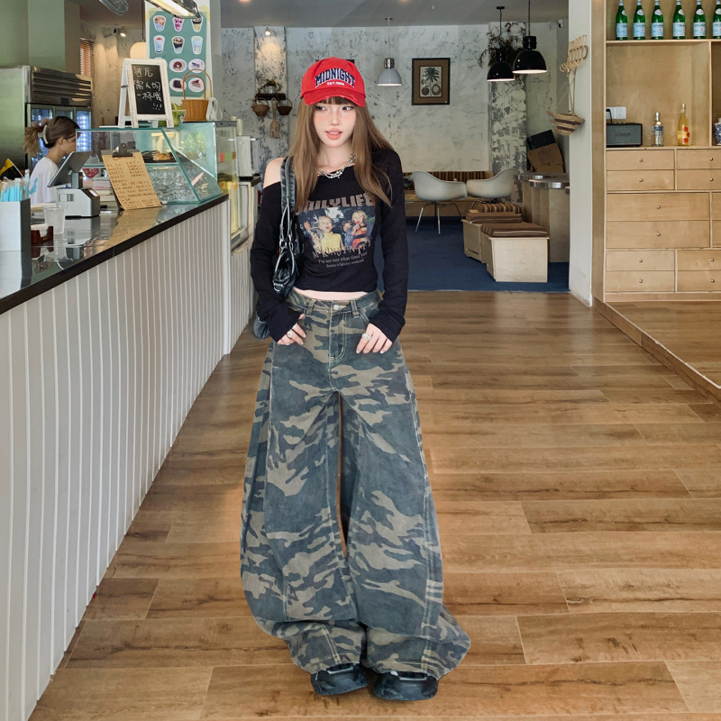 迷彩高腰牛仔裤女2025年秋冬新款美式高街直筒宽松显瘦弯刀阔腿裤|undefined