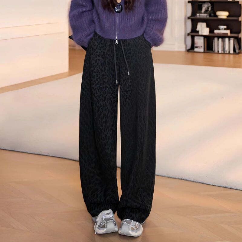 Plus-Size High-Waisted Drapey Straight-Leg Casual Pants for Women, Spring 2026, Loose Fit, Slimming Leopard Print Drawstring Wide-Leg Pants Plus-Size High-Waisted Drapey Straight-Leg Casual Pants for Women, Spring 2026, Loose Fit, Slimming Leopard Print Drawstring Wide-Leg Pants