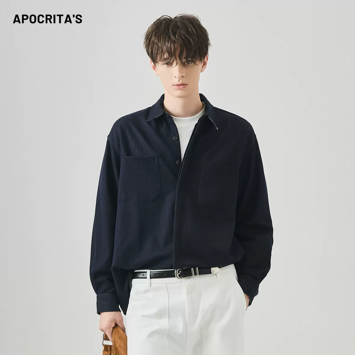 APO男装|跨境男士长袖衬衫秋季高级感宽松休闲垂感抗皱免烫衬衣男
