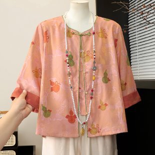 2026 New Style New Chinese Style Mid-Sleeve Jacket Retro Mom-Style Round-Neck Shirt Middle-Aged Women's New National Style Blouse for Women