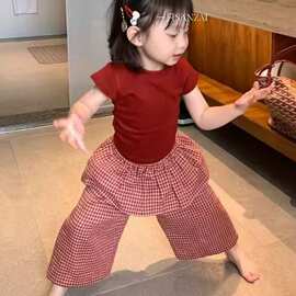 女宝宝夏款短袖套装女童韩版露背绑带恤屁帘阔腿裤两件套儿童装