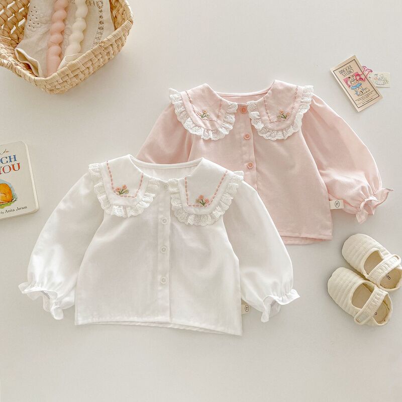 Girls' Korean Style Shirt with Small Left and Right Lapels, Spring Season, 0-5 Years Old, Baby Lace Collar Shirt, Children's Stylish Spring Top Girls' Korean Style Shirt with Small Left and Right Lapels, Spring Season, 0-5 Years Old, Baby Lace Collar Shirt, Children's Stylish Spring Top
