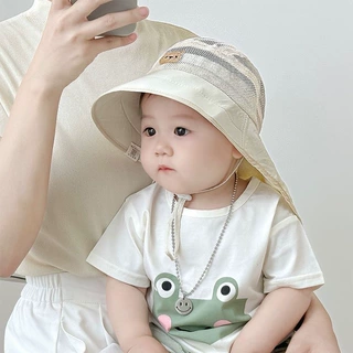 婴儿夏季大帽檐披肩帽男女宝可爱小熊网格遮阳帽儿童速干防晒帽