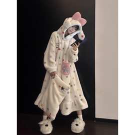 甜美彩色蝴蝶结波点珊瑚绒连帽睡衣女冬季新款家居服加厚大码睡袍