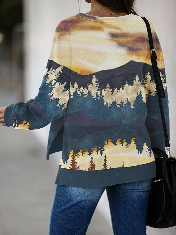 Europa y los Estados Unidos comercio exterior nuevo paisaje impresa camiseta de manga larga camiseta de invierno de otoño de Navidad camiseta de cuello redondo al por mayor