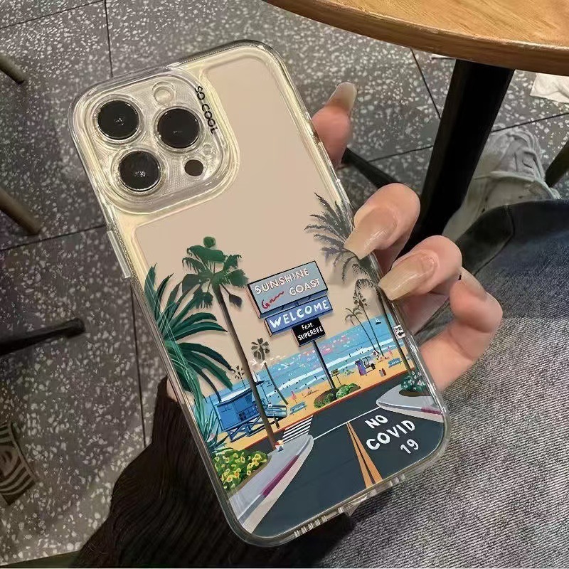 Playa romántica para iphone16promax funda para teléfono móvil transparente Apple 15 anti-caída 14pro Europa y América 13/12