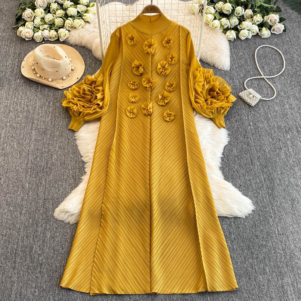 Elegant Women's Beaded 3D Floral Dress Pleated Puff Sleeves Slimming Long plus Size Stretchy Spring Style Cross Border_ecoleips.com