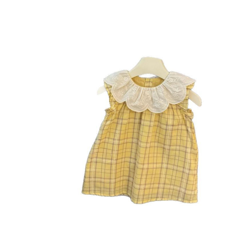 [Xianning Seven] ¡A cuadros amarillos retro franceses! Vestido de falda bordada de solapa bordada de bebé Xiaofei de moda