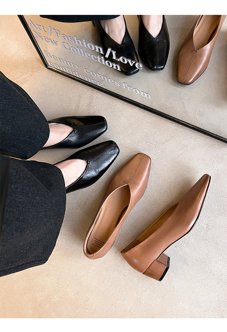 Giày nữ da bò gót vuông cổ V mũi nhọn, phong cách bà nội (granny shoes) đế thấp, đi làm hằng ngày — màu nâu chi tiết 22