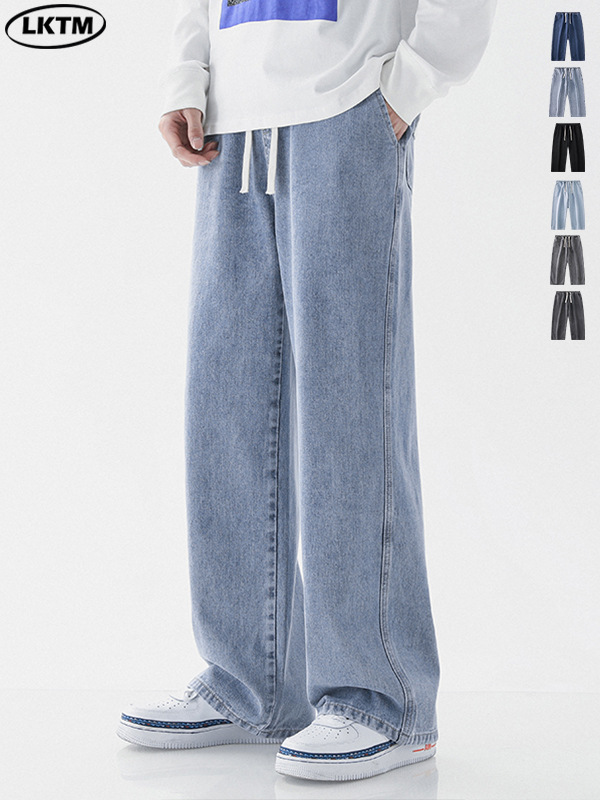 LKTM para hombre # Verano delgado estilo americano retro marca de moda jeans rectos pantalones anchos casuales con cordón para hombre