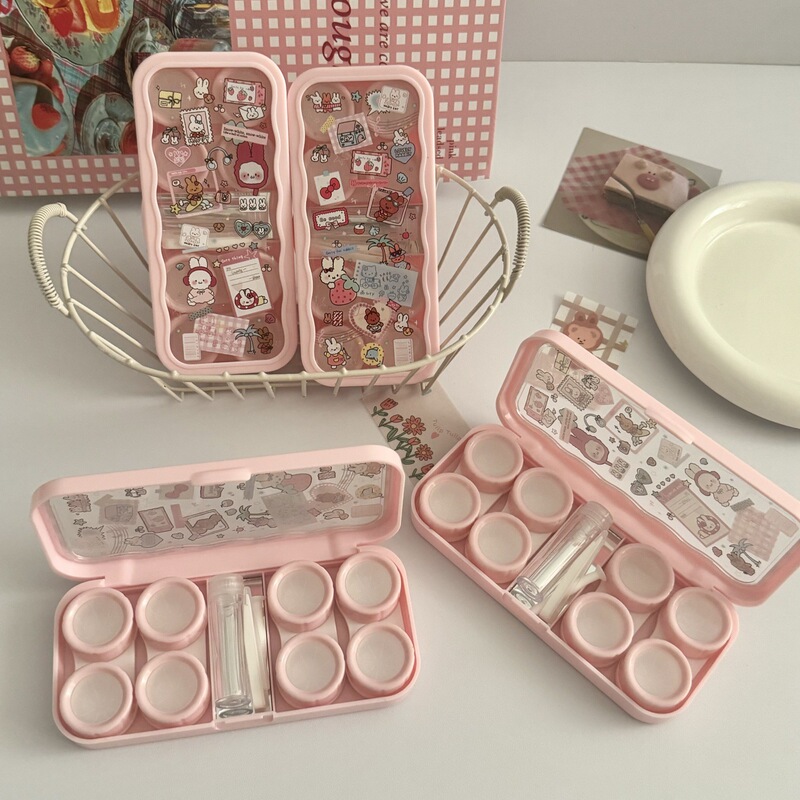 Cute Cartoon Contact Lens Case with Mirror, Companion Care Box, Beauty Lens Case, Multi-Pack As4408, Four-Pack