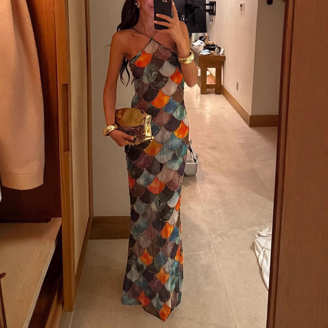 Women's Clothing Summer Women's Printed Dress Halter Neck Color Block Long Sleeveless Fashionable Elegant Sexy Women's Clothing_ecoleips.com