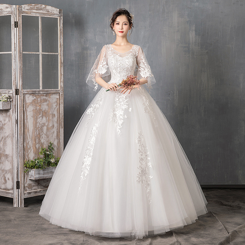 Vestido de novia de manga larga estilo 2026, de cintura alta y cola, para novias jóvenes, delgadas y pequeñas, vestido de boda de una pieza, venta al por mayor.