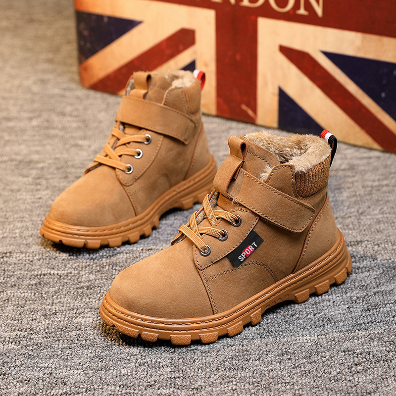 Children's Boots for Boys, Winter Primary School Students, Chinese Velvet Thickeneded Boots, Girls' Warm Medium and Large Kidsren's Cotton Leather Boots