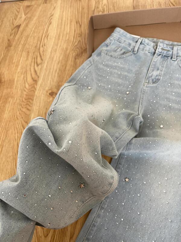 Light Blue Rhinestone Straight-Leg Jeans for Women, 2025 Autumn New Design, High-Waisted, Slimming Wide-Leg Pants Light Blue Rhinestone Straight-Leg Jeans for Women, 2025 Autumn New Design, High-Waisted, Slimming Wide-Leg Pants