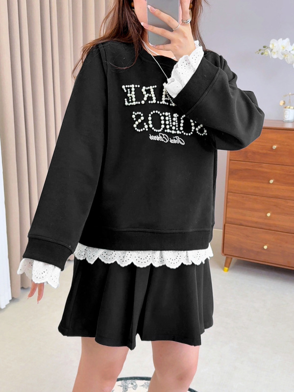 烟台双天服装2025秋大码胖mm女装圆领钉珠字母蕾丝花边卫衣W-251|undefined