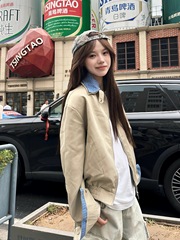 格子拼接假两件外套女秋季2025新款美式复古宽松男女款工装夹克潮
