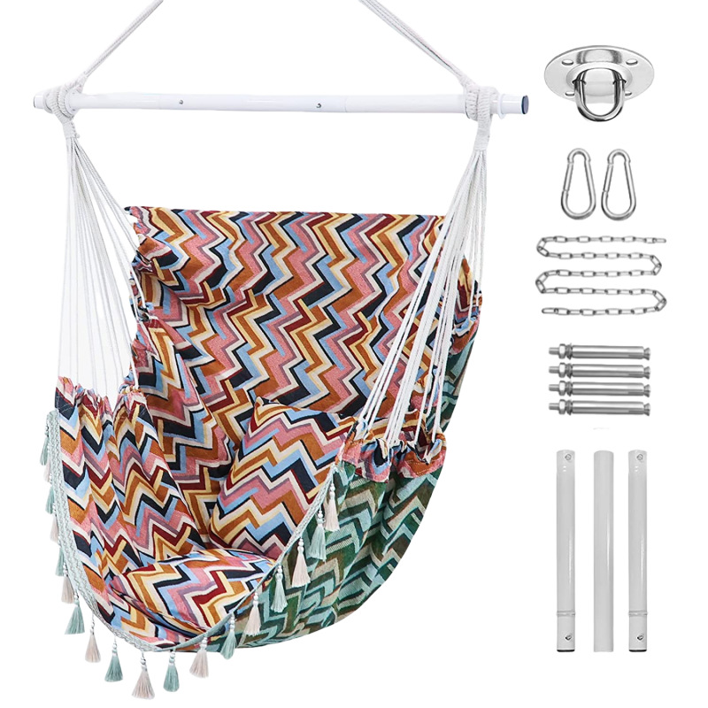 Silla colgante de lona de hierro triple jacquard geométrico aumento swing interior y exterior camping retro borla cesta colgante al por mayor