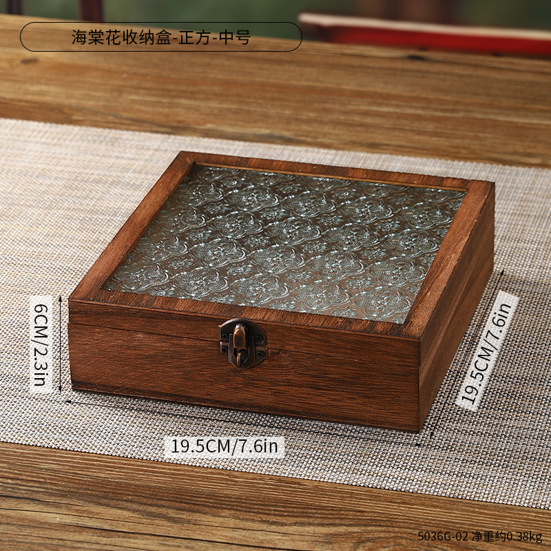 古典海棠玻璃木质储物盒珠宝首饰伴手礼包装盒防尘翻盖桌面收纳盒|undefined