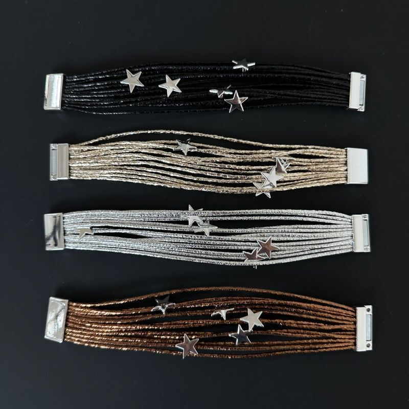 Y2K Hot Girl Multi-Layered Five-Pointed Star Fine Glitter Bracelet Subculture Versatile Retro Pu Leather Magnetic Buckle Bracelet Bracelet